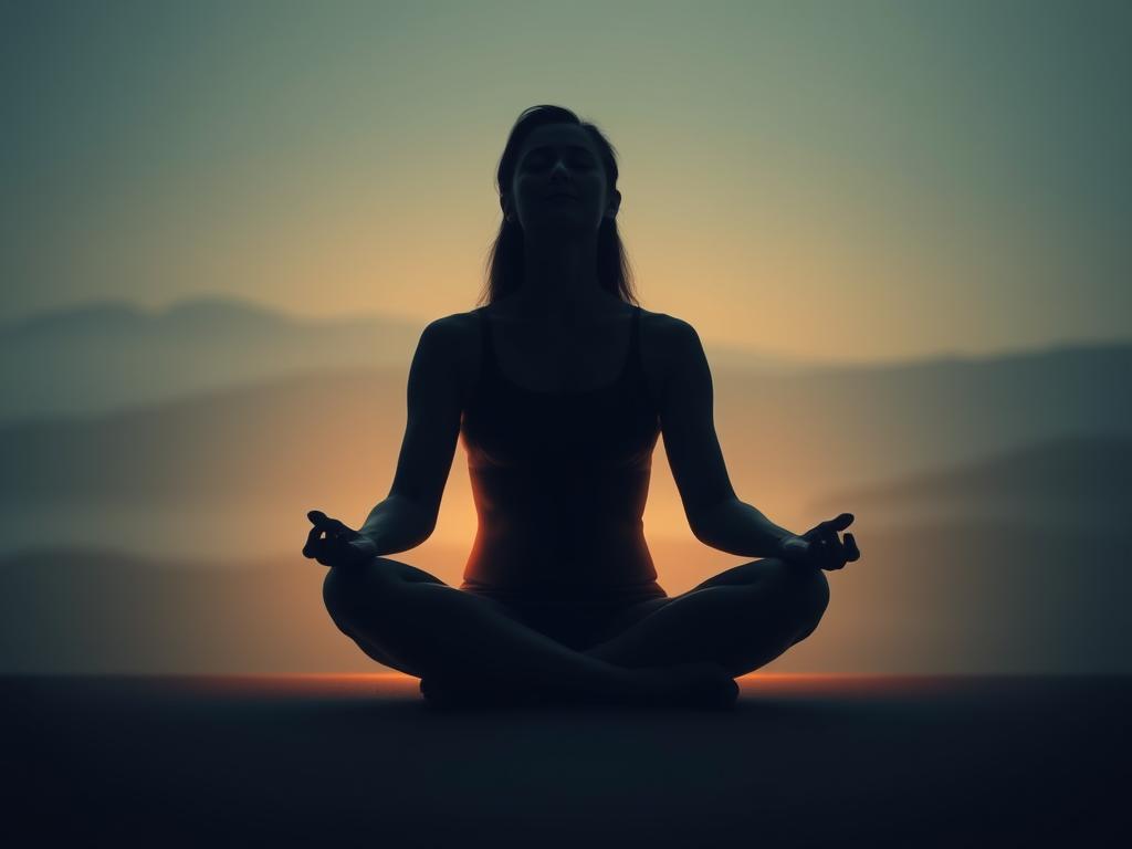 A serene, dimly lit scene of a person sitting cross-legged, eyes closed, hands resting gently on their lap. The background is a calming, abstract landscape with soft, muted hues of blue and green, evoking a sense of peace and tranquility. Soft, diffused lighting from an unseen source illuminates the figure, creating a warm, glowing effect. The pose and expression of the person convey a deep sense of focus and inner calmness, as if they are deeply immersed in the act of breathing and drawing in the "energie durch atmen" (energy through breathing). The overall atmosphere is one of stillness, introspection, and the rejuvenating power of the breath.