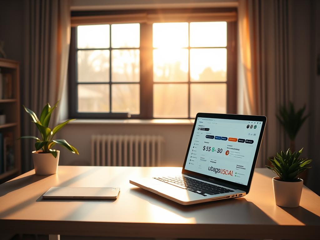 A serene home office setting with a minimalist desk, laptop, and a potted plant. Warm natural lighting filters in through a large window, casting a soft, inviting glow. On the laptop screen, a digital dashboard displays various online income streams and freelance opportunities. The room exudes a sense of productivity and financial independence, reflecting the "Online-Arbeit und Freelancing" theme. The overall atmosphere is one of calm focus and the potential for earning money without stress.