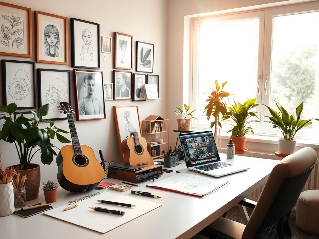 A serene home office setup, flooded with warm, natural light filtering through a large window. On the desk, various creative hobbies are in progress - a sketchpad, art supplies, a guitar, and a laptop showcasing a digital art program. The walls are adorned with framed illustrations and photographs, reflecting the owner's diverse interests. Potted plants and a cozy armchair in the corner suggest a tranquil, inspiring atmosphere where one can effortlessly combine passion and productivity. The overall scene conveys the idea of turning beloved hobbies into profitable ventures, without sacrificing the joy and relaxation they bring.