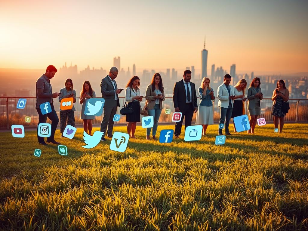 A serene outdoor setting, bathed in warm, golden hour lighting. In the foreground, an array of social media app icons and logos float gracefully, casting soft, digital shadows on the lush, verdant grass below. In the middle ground, a group of diverse, stylishly dressed people engage with their smartphones, their faces aglow with the screens' bluish hues. The background features a panoramic cityscape, skyscrapers and office buildings receding into the distance, symbolizing the ubiquity of social media in modern urban life. The overall mood is one of tranquility and connectivity, highlighting the role of digital platforms in our daily lives.