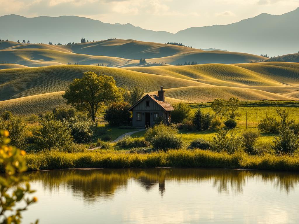 A serene, sun-dappled landscape with rolling hills and lush greenery. In the foreground, a tranquil pond reflects the surrounding foliage, creating a mirror-like surface. In the middle ground, a quaint cottage nestled among fruit trees and flowering shrubs, symbolizing passive income sources. The background features a distant mountain range, bathed in a warm, golden light. The scene conveys a sense of financial freedom and self-sufficiency, with the cottage and its surroundings suggesting sustainable, low-maintenance revenue streams. Soft, diffused lighting and a muted color palette create a calming, pastoral atmosphere.