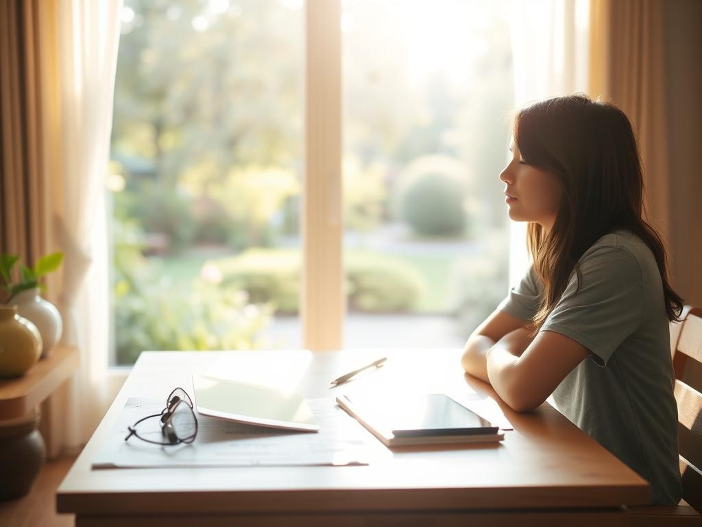 A serene, sun-dappled scene of a young person sitting at a wooden desk, thoughtfully considering their financial goals. In the foreground, a clean, organized workspace with a tablet, pen, and notebook. The middle ground features a large window overlooking a tranquil garden, providing a calming backdrop. Soft, warm lighting filters through the space, creating a contemplative atmosphere. The overall composition conveys a sense of focused introspection, guiding the viewer to envision the process of setting personal financial objectives.