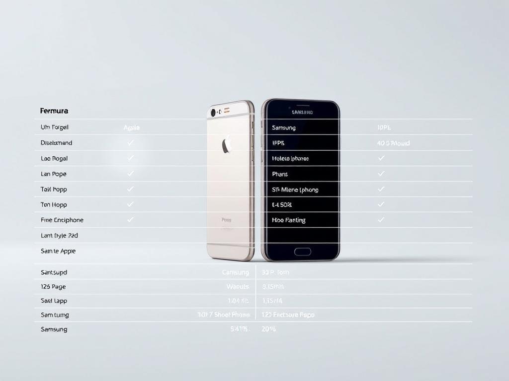 A sleek, minimalist comparison chart showcasing the technical specifications of the latest flagship smartphones from Apple and Samsung. The foreground features a clean, grid-like layout with precise, typographic data points arranged in parallel columns. In the middle ground, the devices themselves are displayed in a three-quarter angle, their elegant forms and premium materials highlighted by carefully considered studio lighting. The background is a soft, muted gradient, drawing focus to the core information being presented. The overall aesthetic is professional, detail-oriented, and designed to facilitate informed decision-making for the discerning tech consumer.