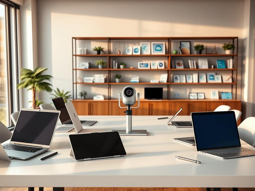 A sleek, minimalist office setting with a collection of collaboration tools arranged on a clean, white desk. In the foreground, various devices like laptops, tablets, and styluses are neatly positioned, conveying a sense of productivity and efficiency. The middle ground features a modern video conferencing setup, complete with a high-quality webcam and a sophisticated microphone, hinting at the seamless communication capabilities. In the background, shelves adorned with task management software, cloud storage solutions, and team chat applications create an integrated and streamlined work environment. Warm, natural lighting from large windows bathes the scene, fostering a collaborative and energizing atmosphere.
