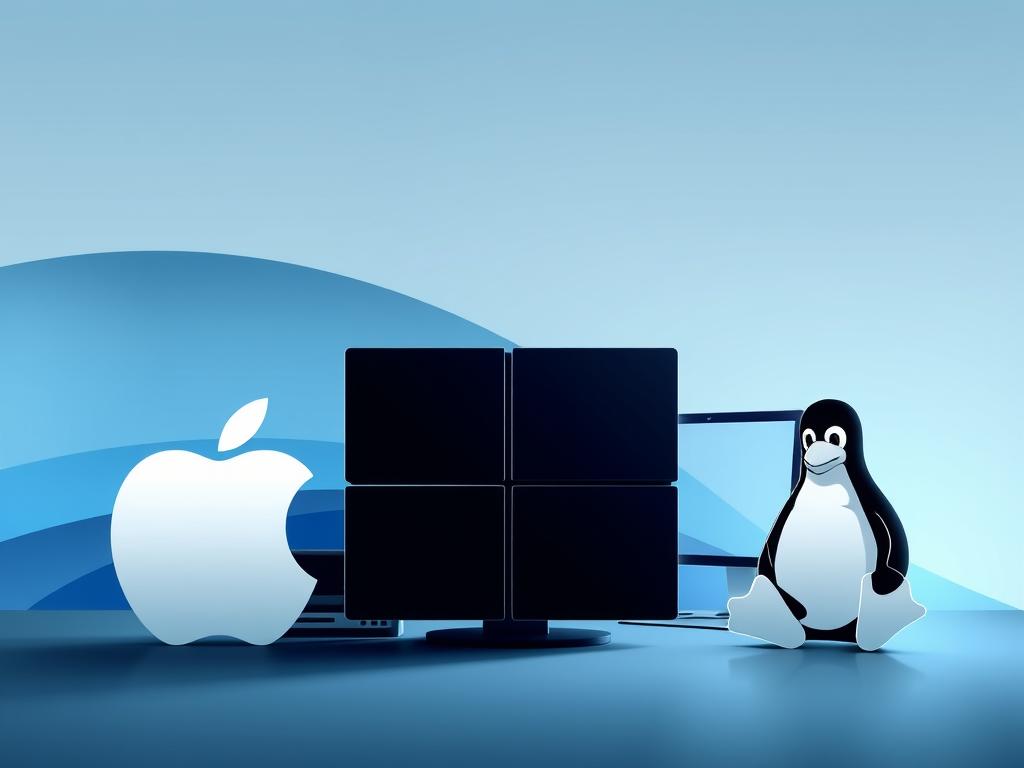 A sleek, modern illustration comparing major desktop operating systems. In the foreground, elegant silhouettes of various OS logos - Apple's macOS, Microsoft's Windows, and the Linux penguin - stand side by side, representing the core systems. In the middle ground, stylized computer hardware and device outlines subtly suggest their compatibility. The background features a sophisticated gradient, blending cool hues that convey a sense of technological advancement. Crisp, minimalist design with a focus on visual clarity, allowing the operating systems to take center stage. Lighting is soft and diffused, creating a premium, high-quality aesthetic suitable for a comparative tech feature.