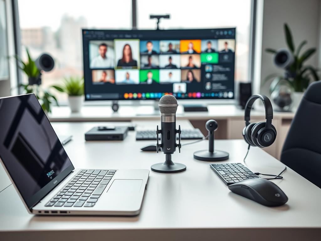 A well-lit office workspace showcasing an array of digital tools on a modern, minimalist desk. In the foreground, a sleek laptop, a high-resolution graphics tablet, and a state-of-the-art wireless mouse and keyboard set. In the middle ground, a high-quality microphone, a compact webcam, and a stylish pair of noise-cancelling headphones. The background features a large, high-resolution monitor displaying various productivity and collaboration apps. The overall scene conveys a sense of efficiency, professionalism, and technological integration, suitable for a team-oriented digital work environment.
