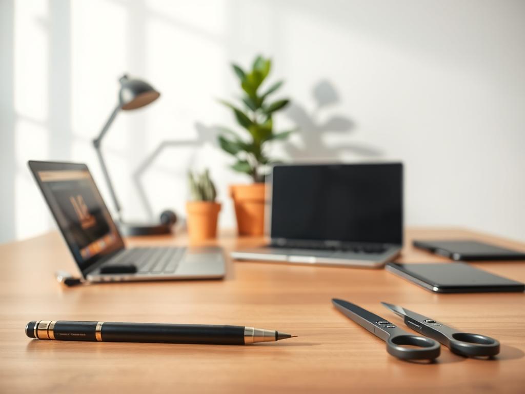 A well-organized office workspace with a variety of essential tools neatly arranged on a minimalist wooden desk. In the foreground, a selection of high-quality stationery items, including a fountain pen, a mechanical pencil, and a pair of precision scissors. In the middle ground, a sleek laptop, a modern desk lamp, and a potted plant casting soft shadows. In the background, a clean white wall, conveying a sense of order and focus. The lighting is natural and diffused, creating a warm, productive atmosphere. The overall composition suggests efficiency, organization, and a thoughtful approach to working.