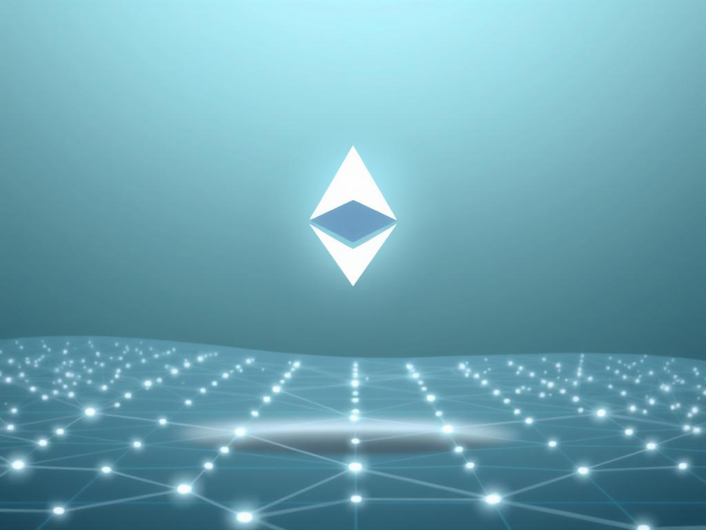 Ethereal blockchain landscape, with a serene and minimalist design. In the foreground, a simplified Ethereum logo hovers, its hexagonal shape glowing with a soft, ethereal light. The middle ground features a grid-like network of nodes, connected by sleek, glowing lines, representing the decentralized nature of the Ethereum blockchain. In the background, a muted gradient of blues and grays creates a sense of depth and atmosphere, suggesting the scale and complexity of the Ethereum network. The lighting is soft and diffused, creating a calming, contemplative mood. The overall composition is clean, balanced, and visually engaging, perfectly suited to illustrate the section on "How the Ethereum Blockchain Works".