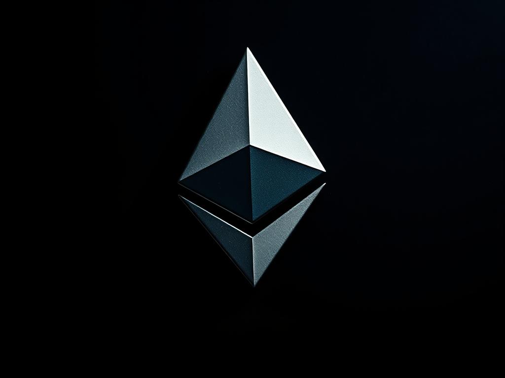 a detailed close-up view of the ethereum cryptocurrency logo, a shiny metallic 'Ξ' symbol against a dark background with subtle gradients and textures conveying a sense of technological sophistication and digital innovation, lit from the side to create dramatic shadows and highlights, captured with a high-quality professional camera lens to emphasize the intricate design and render the image in crisp, realistic detail