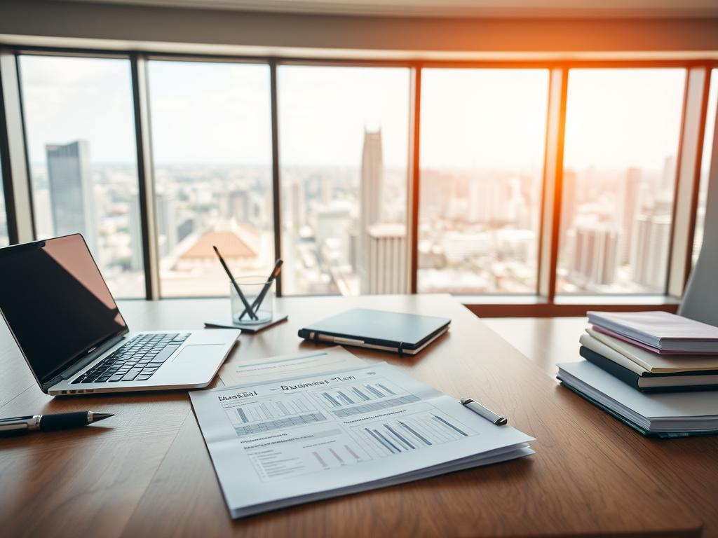 A neatly organized office space with a wooden desk, a laptop, a pen holder, and a stack of documents. In the background, a large window offers a panoramic view of a bustling cityscape. Warm, natural lighting filters through, creating a productive and focused atmosphere. On the desk, a meticulously crafted business plan, financial projections, and a well-designed time management system are visible, reflecting the diligent preparation and strategic planning taking place. The scene conveys a sense of intentionality and professionalism, hinting at the careful consideration and optimization required for a successful solo entrepreneurial venture.