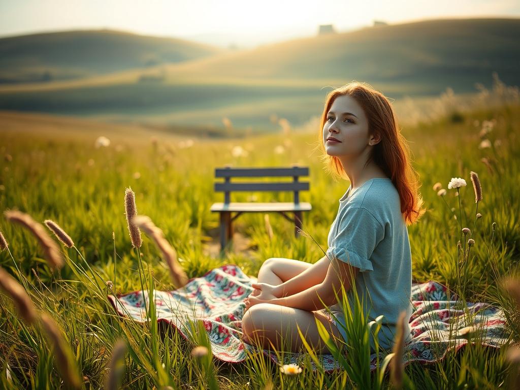 A serene, sun-dappled meadow in the countryside, tall grasses swaying gently in the breeze. In the foreground, a young woman sits cross-legged on a vibrant, floral-patterned blanket, her face alight with a sense of peaceful contemplation as she gazes into the distance. Her expression exudes a quiet determination, hinting at the spark of inspiration that has ignited within her. In the middle ground, a small, rustic wooden bench stands, inviting the viewer to pause and reflect. The background features a rolling, verdant landscape dotted with clusters of wildflowers, the horizon line hazy and dreamlike, conveying a sense of limitless possibility. Soft, warm lighting bathes the scene, creating an atmosphere of tranquility and introspection.