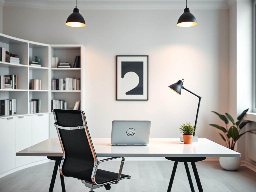 A sleek, modern office workspace with a minimalist desk and chair arrangement. The desk features a laptop, a stylized personal branding icon, and a small potted plant. The background includes bookshelves, artwork, and clean, neutral-toned walls, creating a professional yet personalized atmosphere. Soft, warm lighting from overhead fixtures casts a gentle glow, emphasizing the carefully curated elements that contribute to a cohesive personal brand identity. The composition captures the essence of building a strong, distinctive personal brand in a sophisticated, aspirational setting.