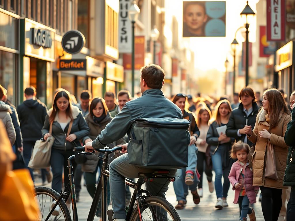 A bustling street scene with people engaged in various side jobs and gig work. In the foreground, a delivery person on a bike with a thermal bag, mid-stride, weaving through the crowd. In the middle ground, a young person pushing a dog stroller, a parent holding a child's hand, and a group of teens chatting. The background is filled with a mix of storefronts, street signs, and lampposts, bathed in warm, golden late afternoon light. The overall atmosphere conveys a sense of hustle, productivity, and the diverse ways people can earn "schnell geld" (quick money) through on-demand services and part-time work.