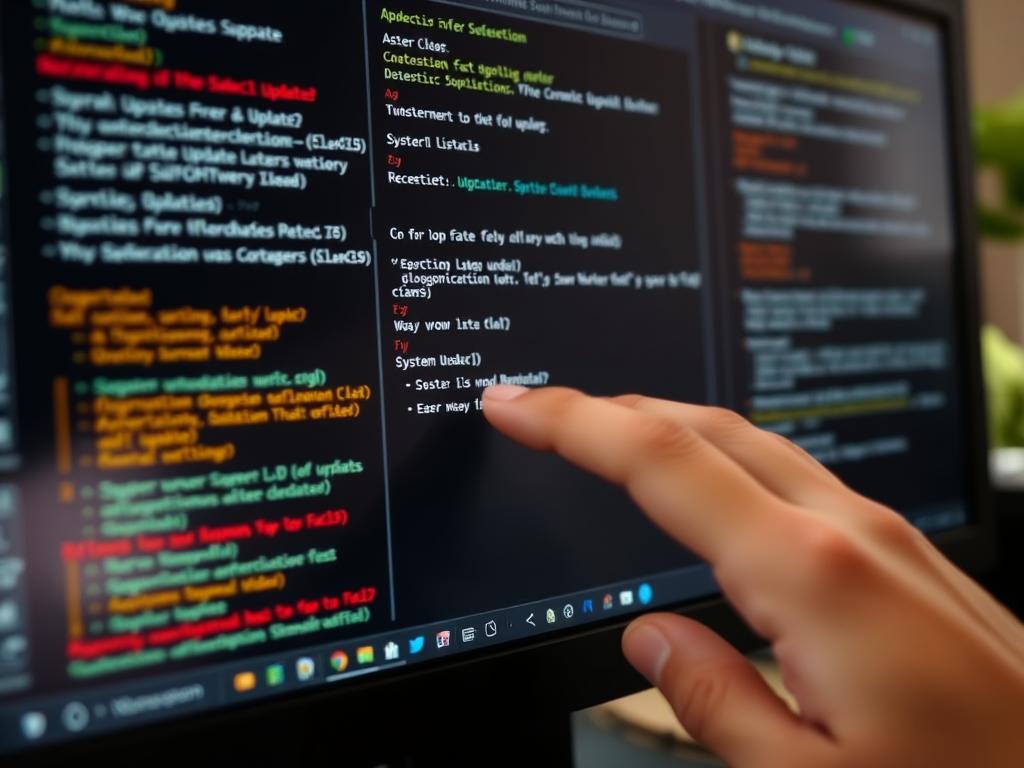 A close-up view of a computer screen displaying a software update troubleshooting process. The screen shows various error messages, system logs, and diagnostic tools. In the foreground, a hand is carefully navigating the on-screen interface, trying different solutions to resolve the update issue. The background is slightly blurred, creating a sense of focus on the task at hand. The lighting is soft and natural, casting a warm glow on the scene. The overall mood is one of concentration and problem-solving, reflecting the challenges of software maintenance and the importance of thorough troubleshooting.
