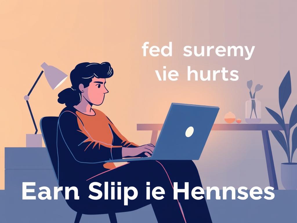 A modern, minimalist digital illustration depicting a person sitting at a laptop, intently focused on completing online surveys and product testing tasks. The lighting is soft and warm, with a subtle glow from the screen illuminating the person's face. In the background, there is a simple, clean workspace with a desk, chair, and a few minimalist decor elements. The overall atmosphere conveys a sense of productivity, opportunity, and the potential to earn extra income through online side hustles. The composition emphasizes the simplicity and accessibility of these methods to quickly generate additional revenue.