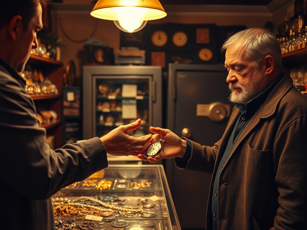 A pawn shop interior, dimly lit with a warm, amber glow. In the foreground, a display case showcases an array of valuable objects - jewelry, watches, and antique trinkets. A customer, wearing a pensive expression, hands over a shiny pocket watch to the shopkeeper, who carefully examines it. The middle ground features shelves lined with various items, each with a price tag attached. In the background, a safe looms, its metal door slightly ajar, hinting at the secure storage of the pawned goods. The overall atmosphere conveys a sense of discreet transactions, where individuals seek quick access to cash in times of need.