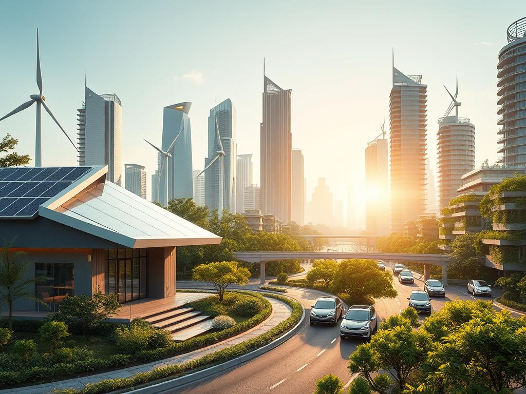 A serene, futuristic landscape showcasing sustainable technology. In the foreground, a sleek, energy-efficient smart home powered by solar panels and wind turbines. In the middle ground, a network of self-driving electric vehicles seamlessly navigating the streets. In the background, towering skyscrapers with vertical gardens and green roofs, surrounded by lush, thriving foliage. The scene is bathed in a warm, natural light, creating a sense of harmony and environmental balance. The overall atmosphere conveys a vision of a clean, sustainable future where technology and nature coexist in perfect symbiosis.