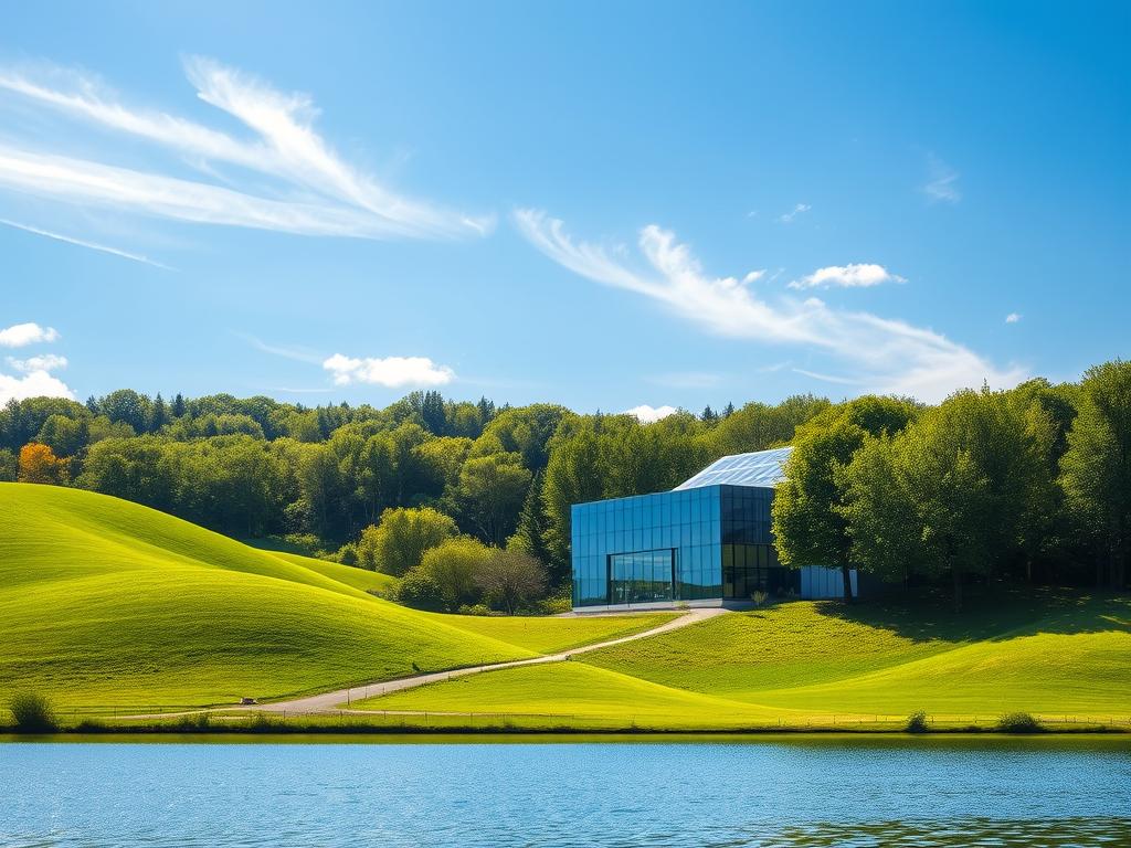 A serene, sun-drenched landscape with rolling green hills and a tranquil lake in the foreground. In the middle ground, a modern glass and steel building with solar panels on the roof, symbolizing sustainable energy. The background features a lush, verdant forest with dappled sunlight filtering through the leaves. Wispy clouds dot the bright blue sky, conveying a sense of calm and optimism. The overall scene exudes a harmonious balance between nature and sustainable technology, inviting the viewer to contemplate the future of responsible investing.