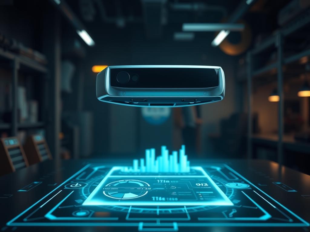 A sleek, futuristic wearable device hovers above a holographic interface, its sophisticated design seamlessly blending form and function. The foreground showcases the device's tactile controls and minimalist aesthetic, while the middle ground features a translucent display projecting vivid data visualizations. In the background, a dimly lit, industrial-inspired environment sets the stage, with subtle lighting accents highlighting the device's innovative features. The overall scene conveys a sense of technological advancement and the promise of a more connected, immersive future.