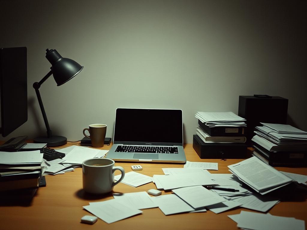 A sleek, minimalist office workspace with a laptop, coffee mug, and scattered papers on a cluttered desk. The laptop screen displays an error message, conveying the "update probleme" theme. Muted lighting creates a somber, distressed atmosphere, emphasizing the technical issues at hand. The scene is captured from a slightly elevated, three-quarter angle, providing a comprehensive view of the workspace's disarray. Subtle film grain and muted color tones lend an authentic, documentary-style aesthetic to the image, further accentuating the real-world nature of the "update probleme" scenario.