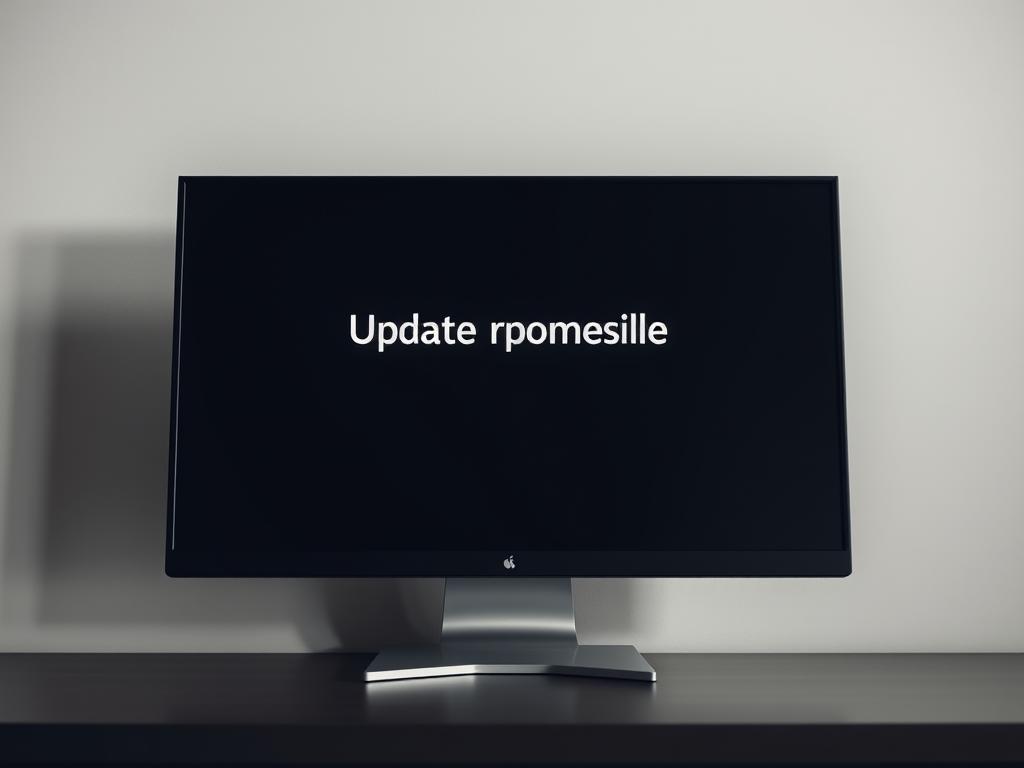 A sleek, modern desktop computer screen displaying an error message, "Update probleme", against a muted, office-like background. The screen is well-lit from the side, casting soft shadows and highlights that accentuate the screen's depth and textures. The desktop surface is minimalist, with only a few subtle office accessories visible, creating a sense of professionalism and productivity. The overall mood is one of frustration and inconvenience, hinting at the challenges users may face when dealing with software update issues.