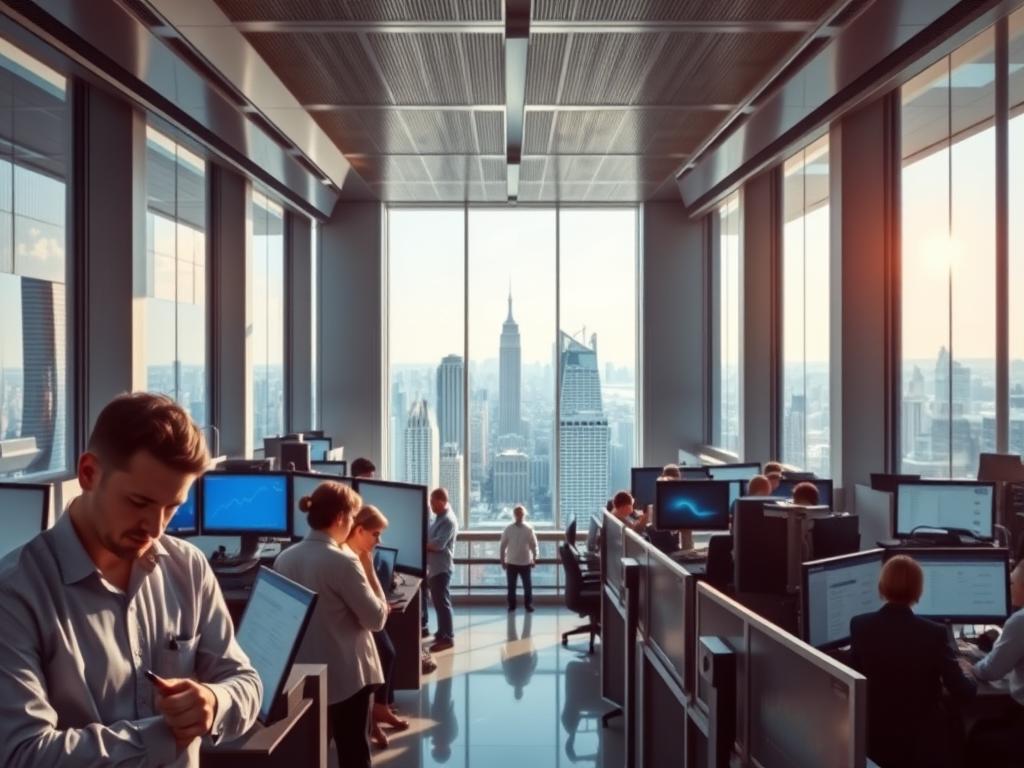 A sleek, modern stock market trading floor illuminated by natural light streaming through large windows. In the foreground, a group of financial analysts poring over digital displays, their expressions focused and intent. The middle ground features rows of trading desks, each with multiple screens and state-of-the-art technology. In the background, a panoramic view of a bustling cityscape, symbolizing the global interconnectedness of the capital markets. The overall mood is one of dynamism, innovation, and the fast-paced nature of contemporary finance, conveying the latest trends and developments in the industry.