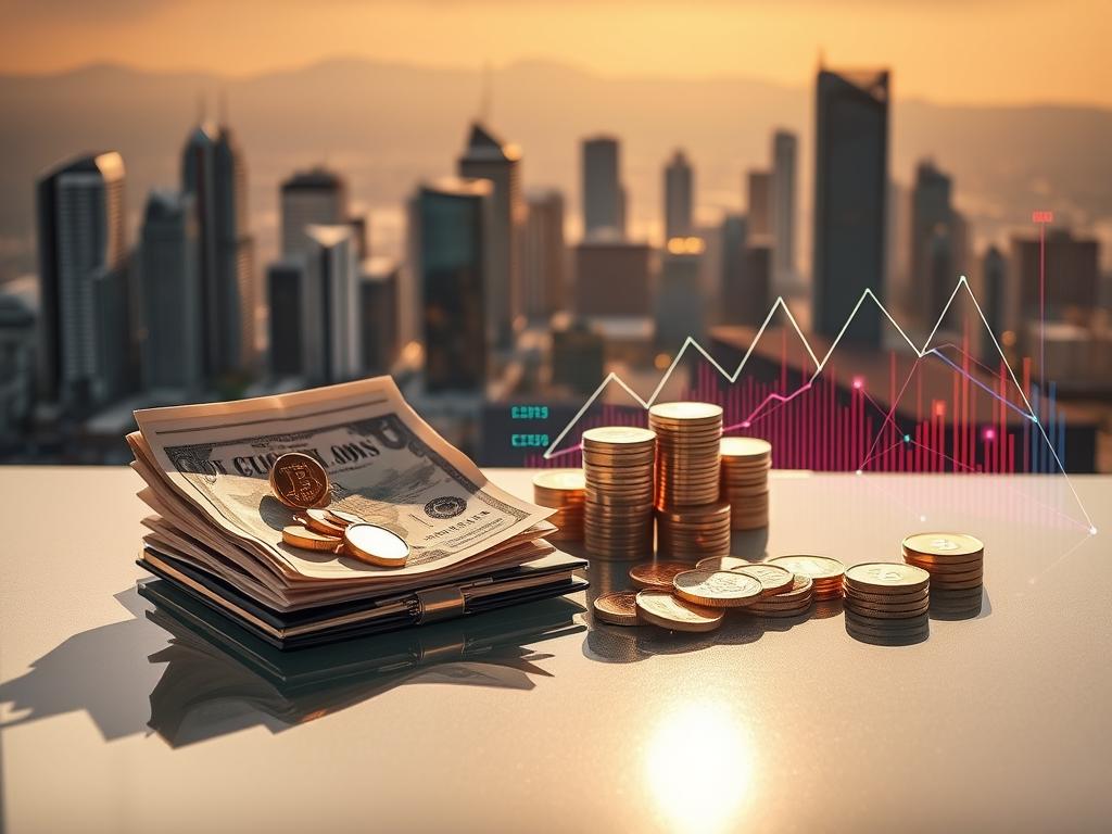 A stylish and modern financial composition showcasing a variety of popular investment options in 2023. In the foreground, a sleek portfolio of stocks, bonds, and precious metals sits atop a reflective glass surface, casting intriguing shadows. The midground features an abstract visualization of digital assets, such as cryptocurrencies and NFTs, represented by geometric shapes and lines in a vibrant color palette. In the background, a sophisticated cityscape with towering skyscrapers and a hint of natural landscape creates a sense of progress and opportunity. The scene is illuminated by warm, directional lighting, accentuating the textures and details of the financial instruments. An air of sophistication, innovation, and growth permeates the overall atmosphere.