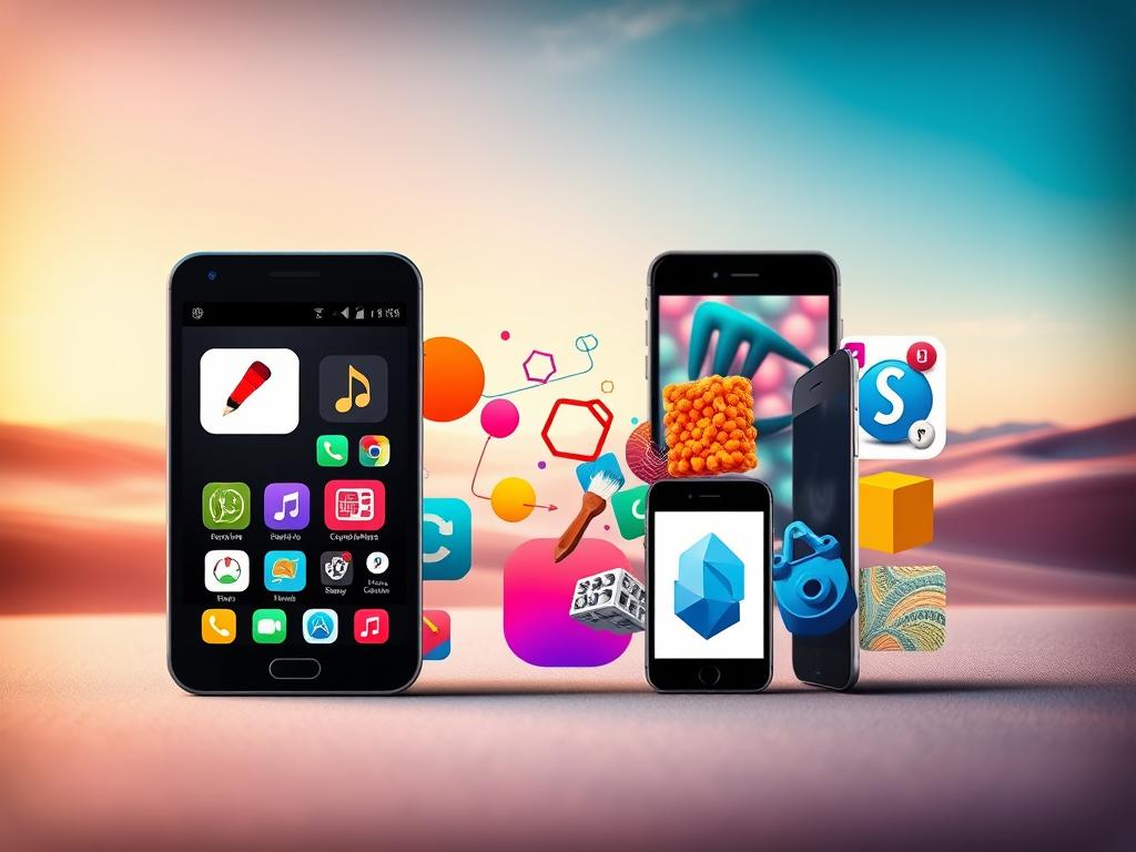 A vibrant, digital collage showcasing a diverse array of "kreativitäts-apps" for mobile devices. In the foreground, a sleek smartphone displays various creative tool icons, including a digital paintbrush, a music production interface, and a 3D modeling app. The middle ground features a collection of colorful, abstract shapes and patterns, representing the dynamic and expressive nature of these applications. In the background, a soft, gradient-based landscape sets a serene, inspirational tone, complementing the innovative spirit of the apps. Warm, diffused lighting illuminates the scene, creating a visually striking and captivating image that embodies the essence of "Innovative Apps for Creative Minds".