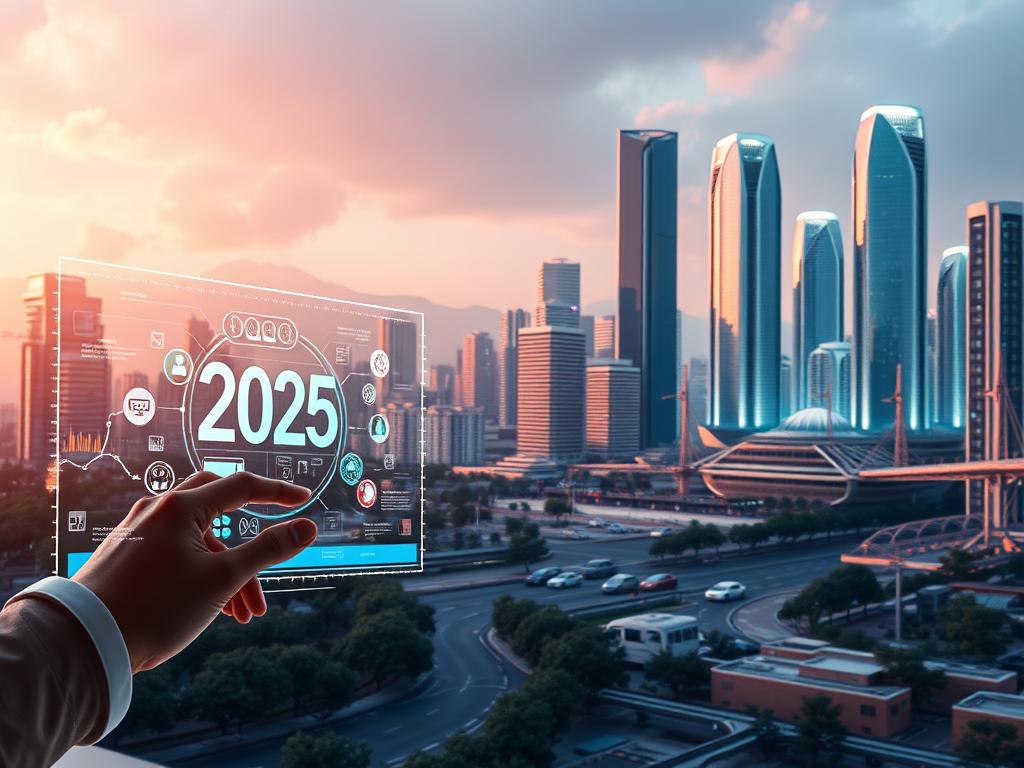 A vibrant, forward-looking scene showcasing the key technological trends for 2025. In the foreground, a sleek, holographic interface displays cutting-edge digital applications, their rapid evolution signified by pulsing data streams and dynamic visualizations. The middle ground features an array of sophisticated, interconnected devices - from intelligent personal assistants to autonomous vehicles - seamlessly integrated into a harmonious, futuristic cityscape. In the background, towering, gleaming skyscrapers adorned with renewable energy infrastructure hint at the sustainable, hyper-connected world of tomorrow. The scene is illuminated by a warm, diffused light, creating an atmosphere of wonder and optimism about the transformative potential of emerging technologies.