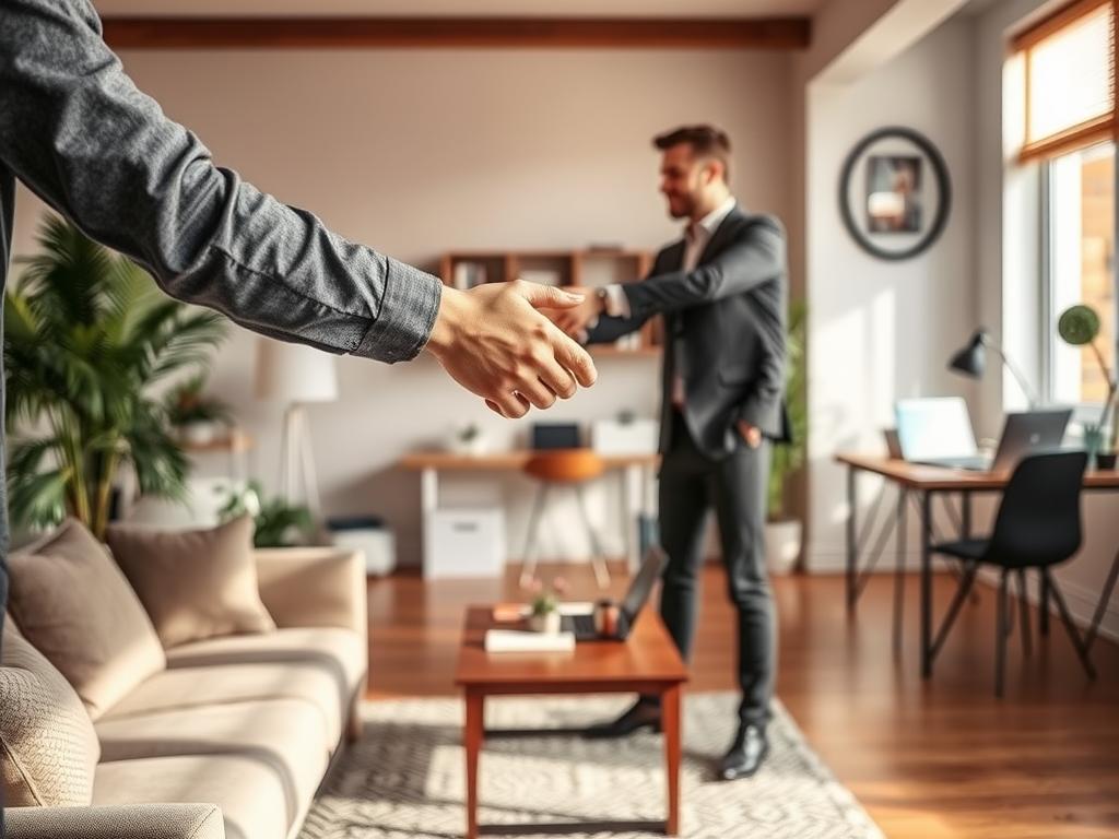 A well-lit interior scene depicting a person renting out a room or space. The foreground shows a cozy, furnished living room with a comfortable couch, a coffee table, and a potted plant. In the middle ground, a person is shaking hands with another individual, signifying a rental agreement. The background reveals a clean, organized workspace or home office setup, with a desk, a laptop, and various office supplies, conveying the idea of renting out space for remote work or a small business. The overall atmosphere is professional yet inviting, with warm lighting and a sense of productivity and financial opportunity.