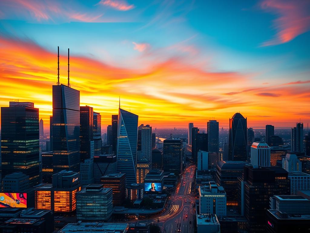 A bustling city skyline at dusk, with modern high-rise buildings and digital displays casting a warm glow against a vibrant sunset sky. In the foreground, a diverse array of digital devices and platforms, each representing various online income sources - from e-commerce storefronts and mobile apps to virtual freelance workstations and social media influencer hubs. The mid-ground features a dynamic flow of data, transactions, and digital interactions, all interconnected and pulsing with the rhythm of a thriving digital economy. The background captures the essence of Germany's technological prowess, with sleek, minimalist architecture and a sense of progress and innovation. The overall scene conveys the significance and growth of online income streams in the modern digital landscape.