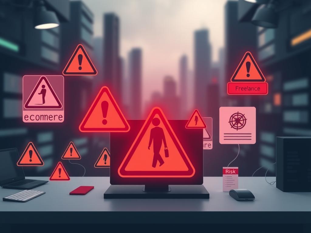 A digital income sources risks illustration depicts a digital workspace with various online revenue streams like e-commerce, social media monetization, and freelance services. The foreground shows warning symbols like caution signs, red lights, and risk labels overlaying the income sources, conveying the potential pitfalls of these digital revenue streams. The middle ground features a human figure hesitantly navigating the workspace, unsure of the path forward. The background blurs into a moody, techno-dystopian landscape, suggesting the uncertain and precarious nature of digital income. The overall scene is lit by a mix of harsh, artificial lighting and muted, ominous tones, creating a sense of unease and apprehension surrounding the risks of digital income sources.