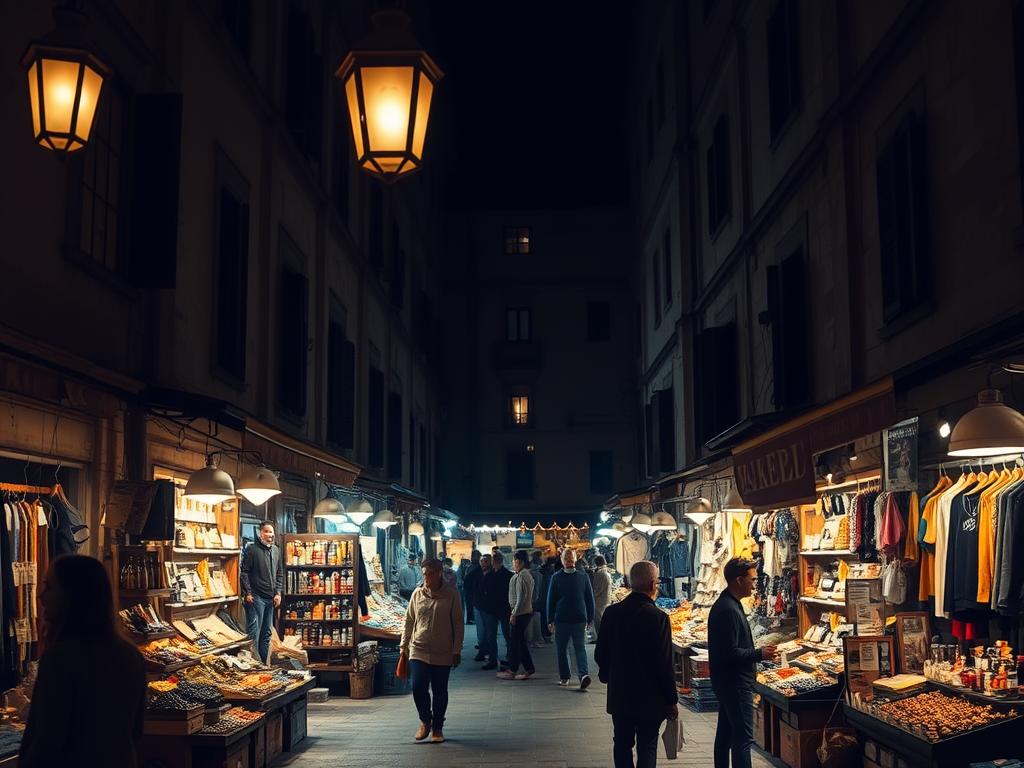 A dimly lit market square, illuminated by soft golden lamps and surrounded by quaint, weathered storefronts. In the foreground, a small group of shoppers browse the stalls, examining handcrafted goods and artisanal products. The middle ground features a diverse array of vendor booths, each offering unique niche items - rare spices, antique collectibles, bespoke clothing. In the background, a sense of hushed activity as shopkeepers reorganize their displays, chatting with customers. The atmosphere is one of discovery, as if the viewer has stumbled upon a hidden gem, a thriving niche market teeming with unexpected treasures.