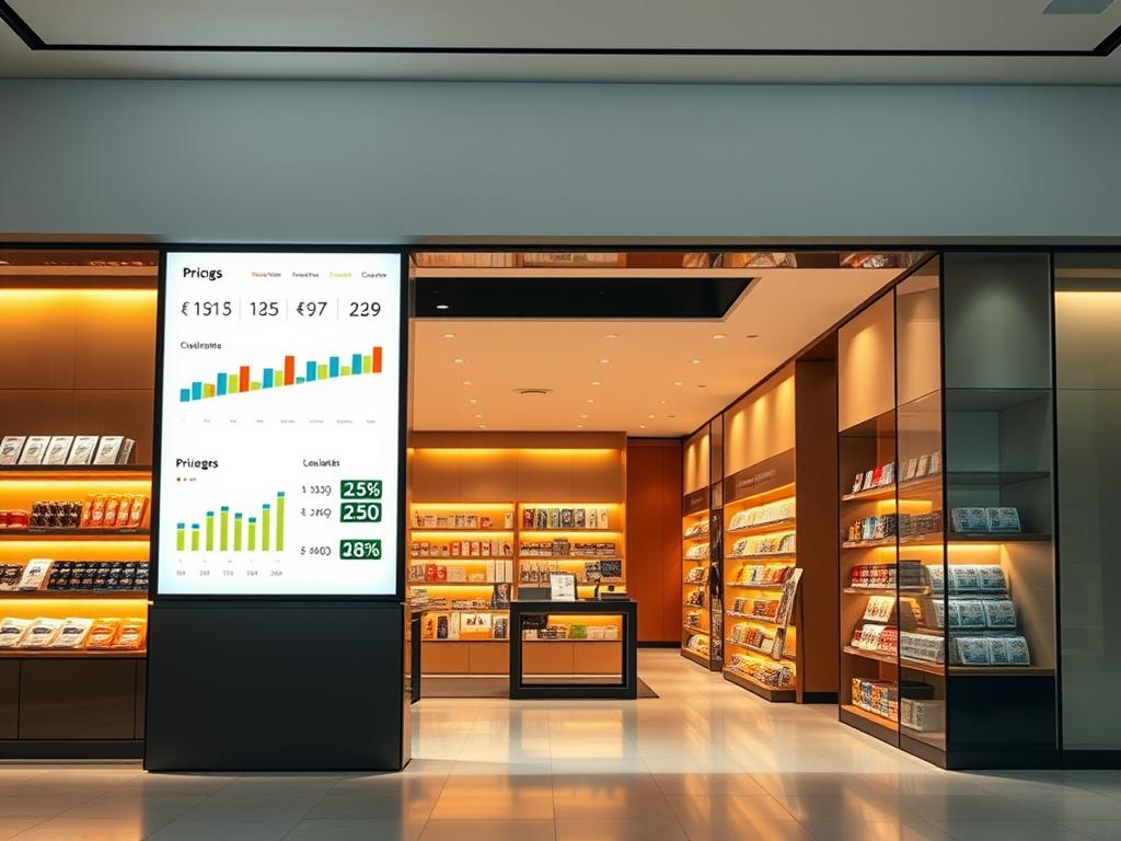 A high-contrast, evenly-lit image of a sleek, modern storefront showcasing various pricing strategies and tactics. In the foreground, a large digital display features dynamic price charts, graphs, and analytics. The middle ground showcases shelves of products with price tags prominently displayed, as well as interactive pricing calculators. The background depicts a minimalist interior with clean lines, warm lighting, and a sense of sophistication. The overall mood is one of precision, optimization, and data-driven decision making.