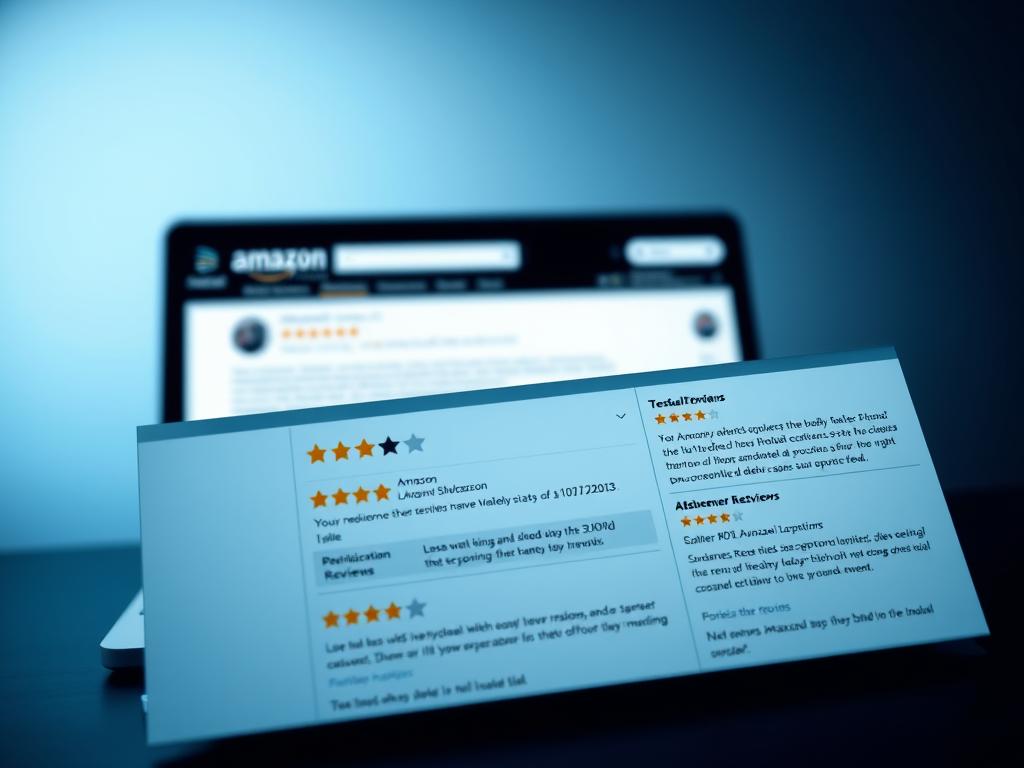 A meticulously crafted product review section, showcasing a sleek digital interface. In the foreground, a collection of neatly formatted Amazon customer reviews, their ratings and testimonials displayed in a modern, minimalist layout. The middle ground features a laptop or tablet, its screen reflecting the review section, creating a sense of seamless integration. The background subtly blends shades of gray and blue, evoking a professional, trustworthy atmosphere. Soft, directional lighting illuminates the scene, highlighting the clarity and importance of the customer feedback. The overall composition conveys the influence and significance of online reviews in the Amazon marketplace.