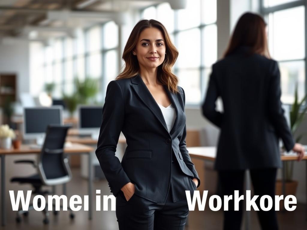 A modern and professional-looking woman, standing confidently in a bright and airy office setting. She is dressed in a well-tailored blazer and slacks, her expression conveying a sense of determination and purpose. The background features clean lines, minimalist decor, and abundant natural light, creating an atmosphere of productivity and success. The lighting is soft and flattering, with a slight side-lighting effect that accentuates the woman's features. The camera angle is slightly elevated, giving the viewer a sense of empowerment and aspirational perspective. Overall, the image conveys the idea of a woman who has found fulfilling and lucrative employment, reflecting the article's focus on successful women in the modern workforce.