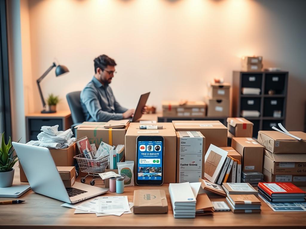 A modern office space with a large desk, a laptop, and various office supplies. In the foreground, a person in casual business attire is working on the laptop, surrounded by products in neatly organized boxes. The middle ground features various ecommerce and logistics related items, such as shipping labels, packaging materials, and a smartphone displaying an online marketplace. The background showcases a clean, minimalist wall with warm lighting, creating a professional and productive atmosphere. The overall scene conveys the efficiency and simplicity of the dropshipping business model.
