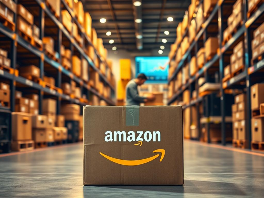 A modern warehouse interior with rows of shelves, crates, and boxes, bathed in warm, directional lighting. In the foreground, an Amazon Prime box sits prominently, representing the core of an Amazon FBA business. The middle ground features a person wearing a headset, packing and inspecting products, conveying the hands-on nature of the work. In the background, a computer screen displays sales analytics and inventory data, hinting at the digital management aspect. The overall atmosphere is one of efficient, profitable operations, capturing the essence of an Amazon FBA venture.