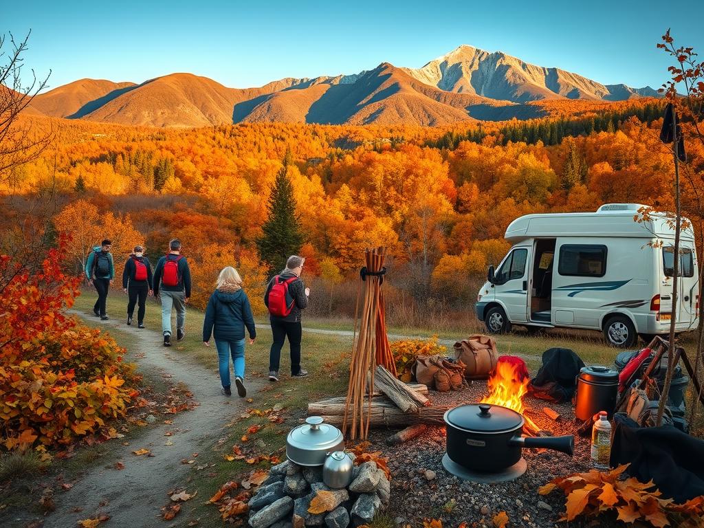 A serene autumn landscape, with a cozy camper van nestled amidst vibrant foliage. In the foreground, a group of hikers exploring a winding trail, their footsteps crunching on the fallen leaves. The midground features a well-equipped campsite, complete with a crackling fire, a cast-iron pot, and an array of outdoor gear. In the background, a majestic mountain range is bathed in soft, golden light, casting long shadows across the scene. The overall atmosphere conveys a sense of peaceful adventure, inviting the viewer to immerse themselves in the joys of autumn camping and outdoor activities.