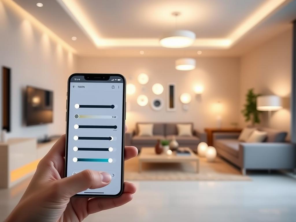 A sleek, minimalist mobile app interface showcasing the intuitive control of a smart lighting system. In the foreground, a modern smartphone screen displays a clean, user-friendly app with toggles, sliders, and color palettes for adjusting the brightness, hue, and ambiance of LED lights. The middle ground features a well-lit living room with a selection of contemporary light fixtures, each connected and responsive to the app's commands. The background subtly fades into a serene, neutral-toned interior, highlighting the seamless integration of technology and home decor. The overall impression conveys the convenience, customization, and aesthetic benefits of managing one's lighting environment through a dedicated mobile application. A sleek, minimalist mobile app interface showcasing the intuitive control of a smart lighting system. In the foreground, a modern smartphone screen displays a clean, user-friendly app with toggles, sliders, and color palettes for adjusting the brightness, hue, and ambiance of LED lights. The middle ground features a well-lit living room with a selection of contemporary light fixtures, each connected and responsive to the app's commands. The background subtly fades into a serene, neutral-toned interior, highlighting the seamless integration of technology and home decor. The overall impression conveys the convenience, customization, and aesthetic benefits of managing one's lighting environment through a dedicated mobile application.