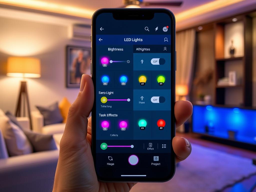 A sleek, modern smartphone screen displaying a intuitive user interface for controlling various LED lights in a room. The app's design features clean lines, bold colors, and responsive controls that allow the user to adjust brightness, color temperature, and effects with precision. The background showcases a well-lit, tastefully decorated living space with a mix of ambient and task lighting seamlessly integrated into the environment. The overall mood is one of simplicity, convenience, and enhanced ambiance through smart home technology. A sleek, modern smartphone screen displaying a intuitive user interface for controlling various LED lights in a room. The app's design features clean lines, bold colors, and responsive controls that allow the user to adjust brightness, color temperature, and effects with precision. The background showcases a well-lit, tastefully decorated living space with a mix of ambient and task lighting seamlessly integrated into the environment. The overall mood is one of simplicity, convenience, and enhanced ambiance through smart home technology.