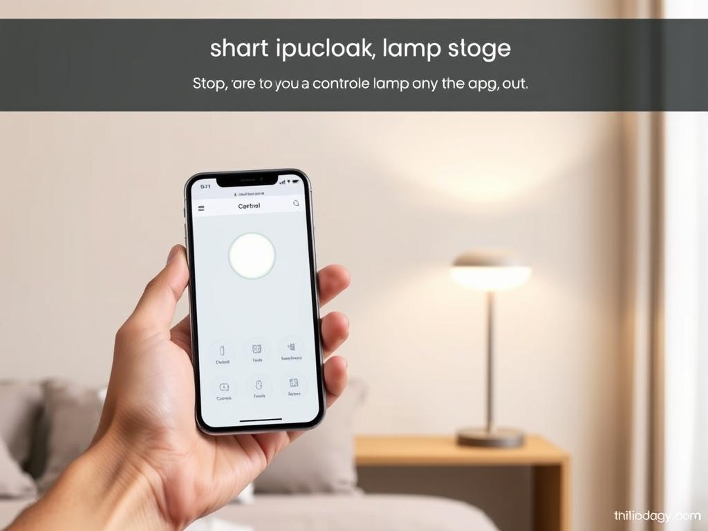 A step-by-step tutorial for controlling a smart lamp via a mobile app. In the foreground, a user's hand holding a smartphone, the screen displaying the app's intuitive interface with various control options. The middle ground features the lamp itself, a modern LED design with a sleek, minimalist aesthetic. The background is a neutral, softly-lit interior setting, suggesting a cozy, domestic environment. The scene is captured with a crisp, high-resolution lens, emphasizing the clarity of the app's interface and the lamp's clean, elegant form. The overall mood is one of simplicity, efficiency, and seamless integration of technology into the home. A step-by-step tutorial for controlling a smart lamp via a mobile app. In the foreground, a user's hand holding a smartphone, the screen displaying the app's intuitive interface with various control options. The middle ground features the lamp itself, a modern LED design with a sleek, minimalist aesthetic. The background is a neutral, softly-lit interior setting, suggesting a cozy, domestic environment. The scene is captured with a crisp, high-resolution lens, emphasizing the clarity of the app's interface and the lamp's clean, elegant form. The overall mood is one of simplicity, efficiency, and seamless integration of technology into the home.