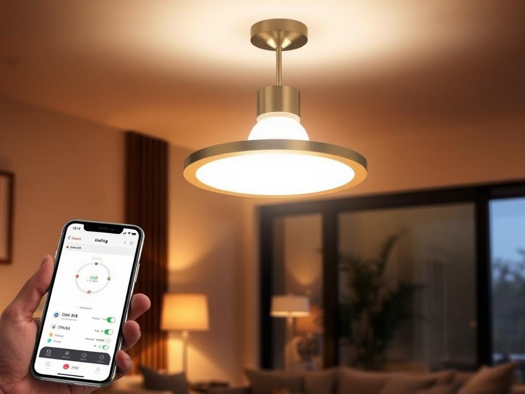 A stylish modern LED light fixture with a sleek metallic frame, illuminating a cozy living room. The lamp is connected to a smartphone app, its controls and settings visible on the phone's display. The room has a warm, inviting atmosphere, with soft lighting accenting the minimalist decor. The lamp casts a gentle, diffused glow, creating a relaxing ambiance. A large window allows natural daylight to stream in, complementing the artificial lighting. The scene conveys the effortless convenience of controlling lighting with a mobile device. A stylish modern LED light fixture with a sleek metallic frame, illuminating a cozy living room. The lamp is connected to a smartphone app, its controls and settings visible on the phone's display. The room has a warm, inviting atmosphere, with soft lighting accenting the minimalist decor. The lamp casts a gentle, diffused glow, creating a relaxing ambiance. A large window allows natural daylight to stream in, complementing the artificial lighting. The scene conveys the effortless convenience of controlling lighting with a mobile device.