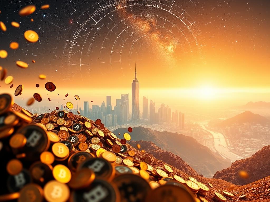 A vibrant and dynamic digital landscape depicting the opportunities and risks of cryptocurrencies. In the foreground, a cascading array of digital currencies flows across the frame, their values fluctuating dynamically. In the middle ground, a city skyline of futuristic architecture rises, symbolizing the technological advancements driving this new financial frontier. The background is a vast, starry sky, hinting at the global scale and potential of this emerging market. The overall scene is illuminated by a warm, golden light, conveying a sense of both promise and caution. The composition is balanced, with the various elements working in harmony to create a compelling and thought-provoking visual representation of the "Investing and Trading" section of the article.