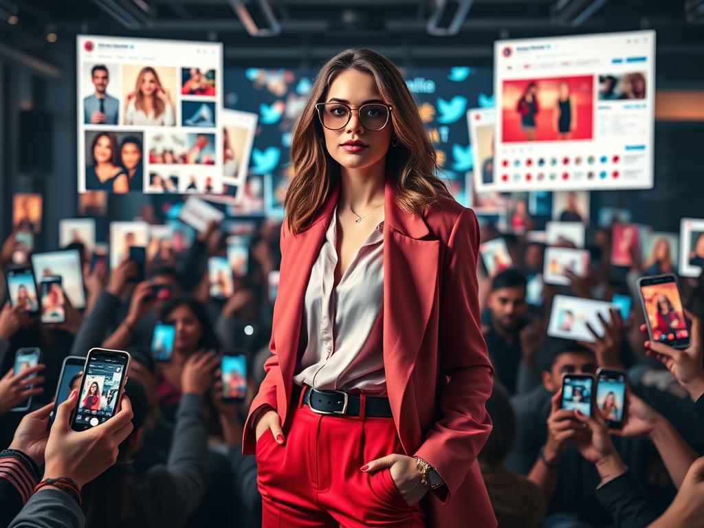 A vibrant and visually captivating image depicting the essence of influencer marketing. In the foreground, a fashionably dressed social media influencer poses confidently, surrounded by a flurry of smartphones and digital devices capturing their every move. The middle ground features a collage of carefully curated social media posts, showcasing the influencer's carefully crafted online persona. In the background, a dynamic array of social media platforms and digital marketing analytics dashboards provide a sense of the scale and reach of modern influencer campaigns. The lighting is soft and flattering, highlighting the influencer's features and the allure of their online presence. The overall mood conveys the power and impact of influencer marketing in the digital age.