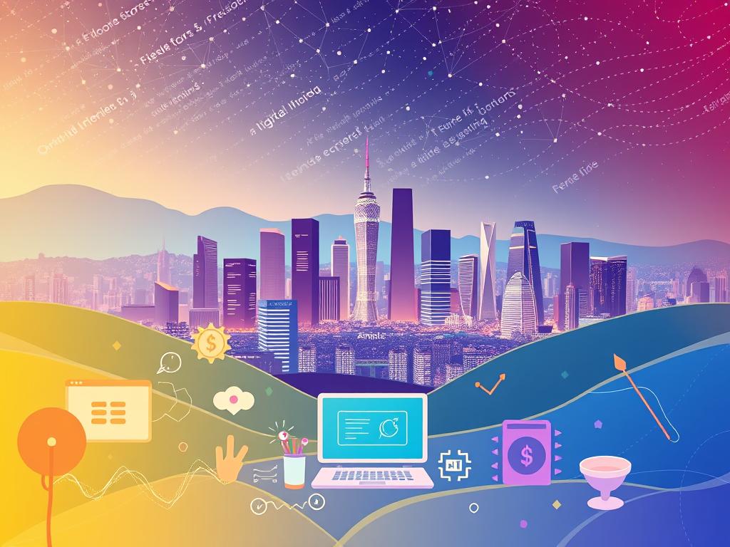 A vibrant digital landscape, bathed in a warm, inviting glow. In the foreground, a stylized, minimalist illustration of various digital income sources - from online stores and freelance work to affiliate marketing and e-learning platforms. The middle ground features a sleek, intuitive user interface, hinting at the ease of navigating these digital opportunities. In the background, a cityscape of towering skyscrapers and a starry night sky, symbolizing the global reach and endless potential of digital income streams. The overall composition conveys a sense of possibility, empowerment, and the future of work in the digital age.