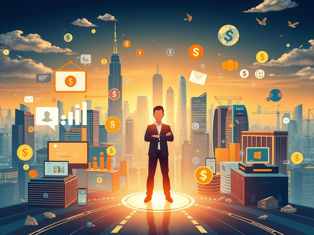 A vibrant digital landscape showcasing various monetization strategies. In the foreground, a central figure represents a successful digital entrepreneur, surrounded by modern digital devices and currency symbols. The middle ground features a dynamic array of digital income streams, such as online shops, subscription services, and affiliate marketing platforms. The background depicts a futuristic cityscape, with skyscrapers and data centers symbolizing the scale and scope of the digital economy. The scene is illuminated by a warm, golden light, conveying a sense of prosperity and opportunity. The overall composition emphasizes the potential for digital income sources to be effectively monetized and integrated into a thriving personal or professional financial ecosystem.