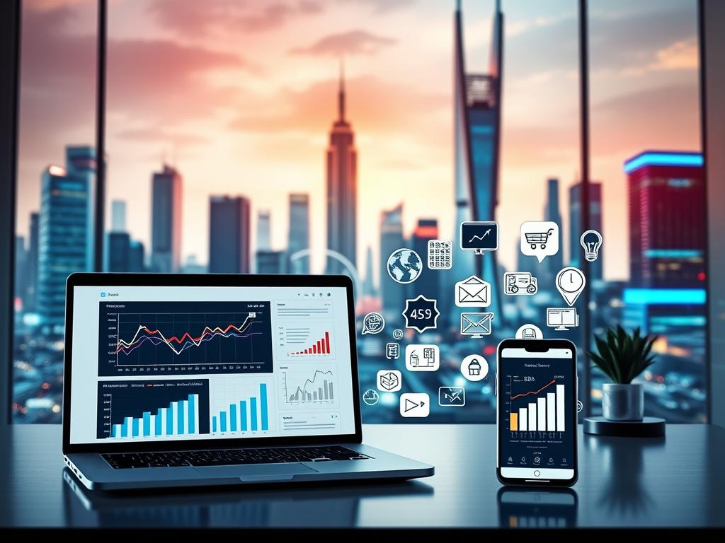 A vibrant, modern digital workspace showcasing various digital income streams. In the foreground, a laptop and smartphone display charts, graphs, and analytics, symbolizing data-driven online business models. The middle ground features icons and illustrations representing different digital revenue sources such as e-commerce, affiliate marketing, online consulting, and freelancing. The background depicts a futuristic cityscape with skyscrapers and glowing neon lights, evoking a dynamic, tech-savvy atmosphere. The lighting is a mix of natural daylight and cool, artificial illumination, creating a sleek, professional ambiance. The overall scene conveys a sense of innovation, opportunity, and the potential of digital income generation.
