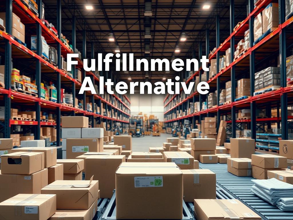 A vibrant warehouse interior with various shipping and fulfillment solutions prominently displayed. In the foreground, cardboard boxes, packing materials, and automated conveyor belts illustrate the logistics of order processing. The middle ground features shelves stocked with diverse product categories, hinting at the breadth of e-commerce offerings. In the background, industrial-style lighting casts a warm glow, creating a sense of efficiency and productivity. The overall scene conveys the concept of "fulfillment alternatives" - the diverse methods and technologies available to support successful online sales and distribution.