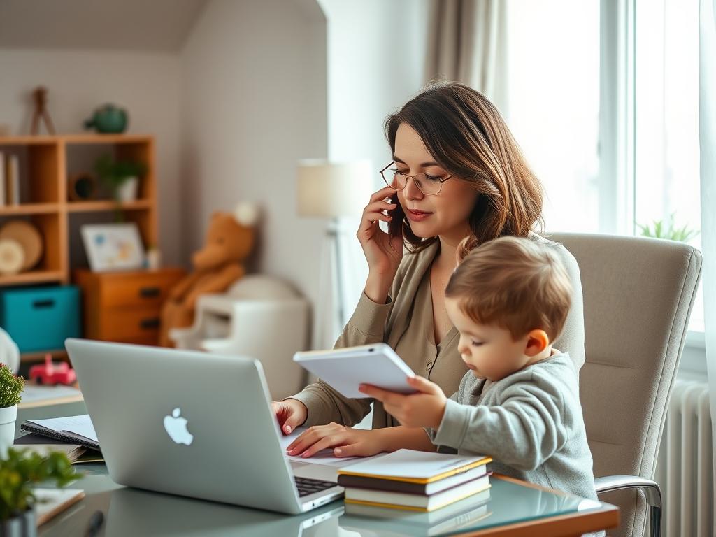 A warm, natural-lit interior scene depicting a woman sitting at a desk, balancing a laptop, phone, and notebook while tending to a young child nearby. The woman's expression conveys a sense of focus and determination as she navigates the demands of work and family. The room is cozy, with soft textures and muted colors, creating an atmosphere of comfort and productivity. Subtle hints of family life, such as toys or artwork, are present in the background, blending seamlessly with the professional setting. The overall composition suggests the challenges and rewards of finding work-life balance as a working mother.